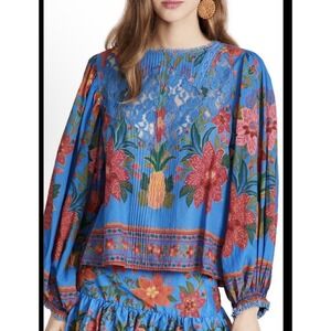 FARM RIO Blue Tropical Tapestry Blouse XS Pintucks Lace Balloon Sleeve Boho